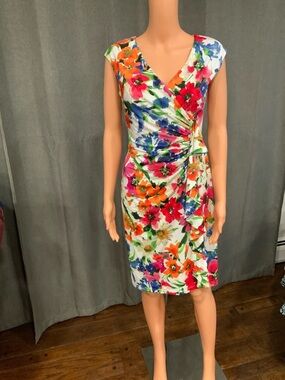 American Living Floral Ruched Wrap Midi Dress - Orange Pink Blue Green White
